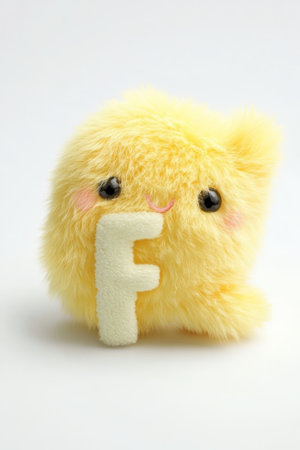 A small, adorable yellow fluffy character features a soft letter F, set against a clean white background, radiating charm and warmth.の素材