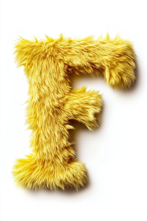 A vibrant yellow fluffy letter F stands out against a clean white background, offering a playful and warm aesthetic suitable for various uses.の素材