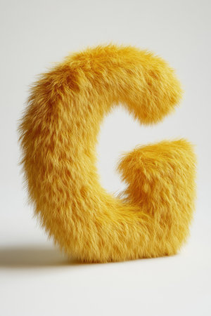 Bright yellow fluffy letter G captures attention with its soft texture and playful appearance against a clean white backdrop, perfect for decor.の素材