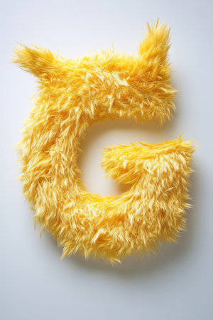 This fluffy yellow G adds a cheerful touch to the pure white backdrop, showing a fun design element that stands out clearly.の素材