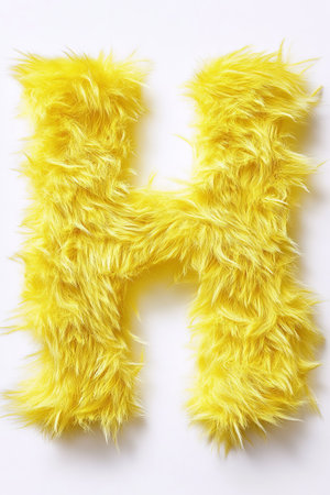 Vibrant yellow letter H made from fluffy fur stands out against a clean white backdrop, creating a playful and cheerful aesthetic.の素材
