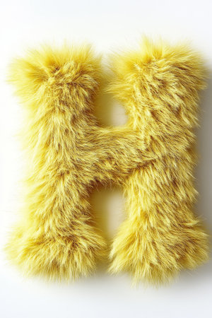 A cute and vibrant yellow letter H made of fluffy fur stands out on a pure white background, adding a playful touch to any space or decor.の素材