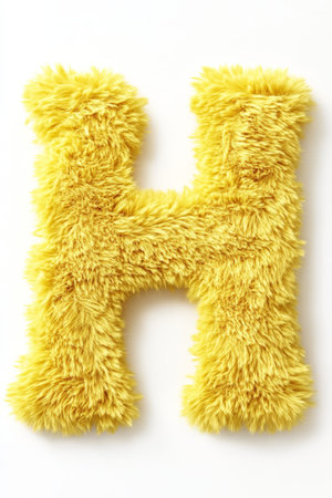 A decorative yellow letter H made of fluffy material sits on a clean white background, making it perfect for home decor or branding.の素材