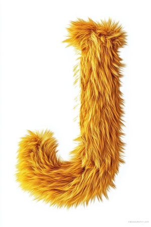 A cute, fluffy yellow letter J is prominently displayed on a pure white background, inviting warmth and cheerfulness in its texture.の素材