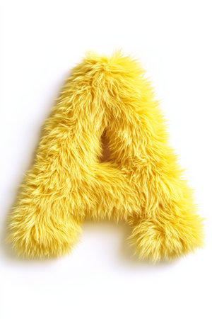 Bright yellow fluffy letter A stands out against a pure white background, perfect for adding a fun touch to any space.の素材