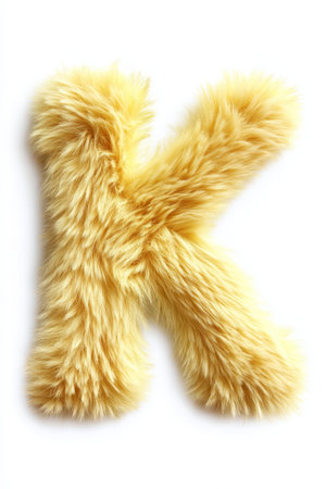 A fluffy yellow letter K stands out against a smooth white background, ideal for cheerful decorations and playful designs.の素材