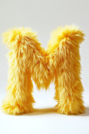 A charming yellow fluffy letter M stands out against a clean white background, making it a playful addition to any space or event.の素材