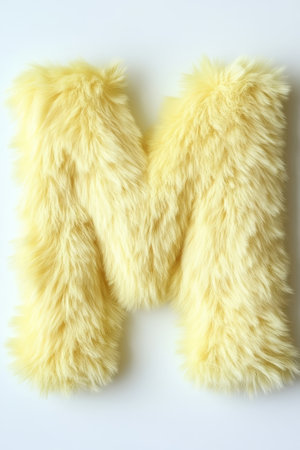 This fluffy yellow letter M displays a soft texture that is both cute and inviting, perfect for decoration or children's learning.の素材