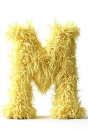 Fluffy yellow letter M displayed prominently against a clean white backdrop, showing its bright and playful texture in a charming design.の素材