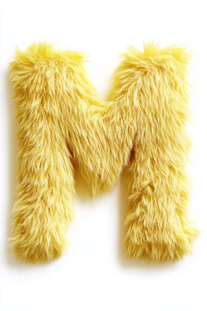 Yellow fluffy letter M placed against a pure white background, creating a cheerful and striking decorative accent perfect for any space.の素材