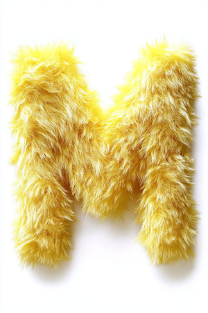 This bright yellow M has a fluffy texture, creating a vibrant contrast with the white background and adding a fun touch to any space.の素材