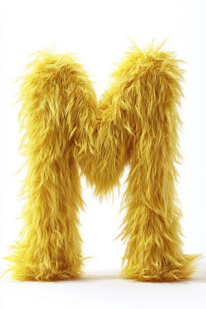 The fluffy yellow letter M is playfully designed with soft, textured fur, creating a unique visual element on a clean white background.の素材