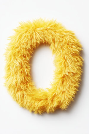 A cute letter O crafted from fluffy yellow material is centered on a bright white background, showing its charming and vibrant appearance.の素材