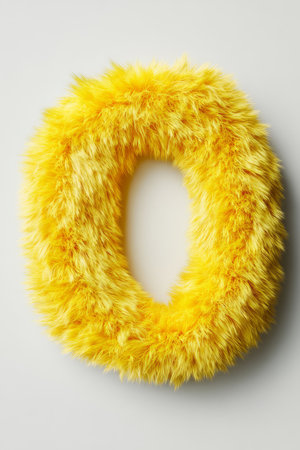 The soft and fuzzy yellow O shape stands out vividly against a clean white backdrop, showing its unique and playful design.の素材