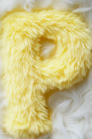 A cheerful yellow fluffy letter P rests on a smooth, pure white background, showing its soft texture and bright color.の素材