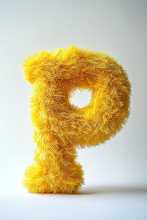 Fluffy yellow letter P stands upright against a clean white background, creating a bright and cheerful visual focused on texture and color.の素材