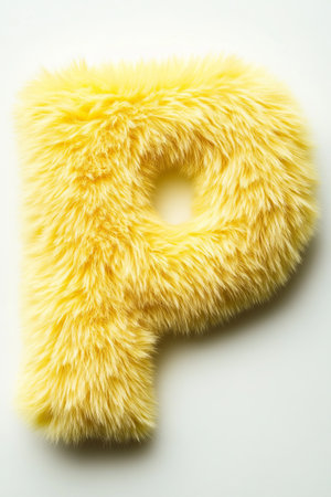 Yellow fluffy letter P creates a playful and vibrant contrast against a pure white background, perfect for brightening up spaces.の素材