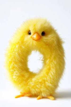 Fluffy yellow Q character stands proudly with a round shape and adorable features against a pure white background, evoking a sense of joy and whimsy.の素材