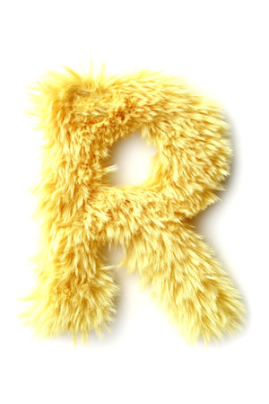 A soft, fluffy letter R in a bright yellow color stands out vividly on a clean white background, evoking a cheerful atmosphere.の素材