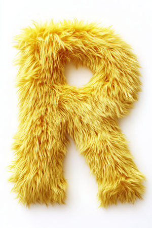 Fluffy letter R in bright yellow showcases a soft texture on a clean white background, adding a fun decor element to any space.の素材