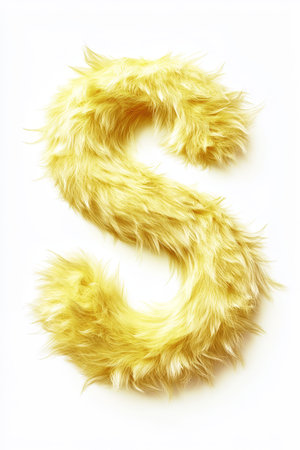 A fluffy yellow letter S stands out vividly against a bright white background, showing a whimsical and playful design that's sure to delight.の素材