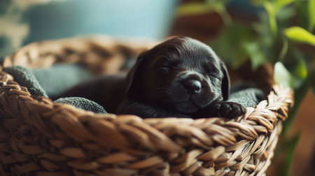 A newborn black lab puppy relaxes in a comfortable woven basket, nestled among fluffy blankets, exuding calm and warmth in a homely environment.の素材