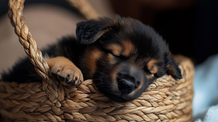 A cute newborn German Shepherd puppy sleeps soundly in a woven basket, radiating warmth and comfort in the serene indoor setting.の素材