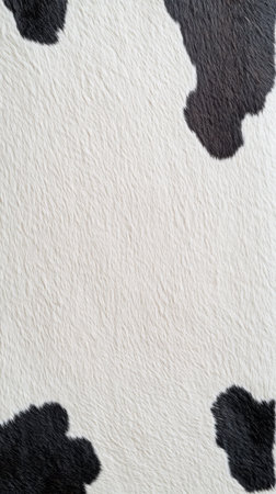 The detailed close-up reveals a cow's hide characterized by a striking pattern of black and white spots, highlighting its unique texture.の素材