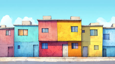 Brightly painted houses in various colors stand in a row, each with unique windows and doors, under a clear blue sky with a few clouds.の素材