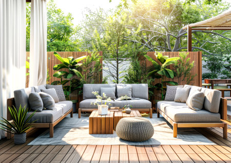 This outdoor lounge features comfortable seating with soft cushions, a wooden coffee table, and vibrant plants, creating a tranquil space for leisure in the garden.の素材
