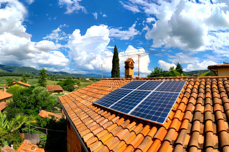 Solar panels are installed on a terracotta tile roof in a scenic rural area under vibrant blue skies with fluffy white clouds.の素材