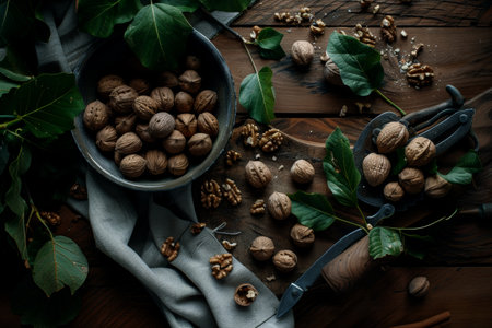 Walnuts fill a bowl and spill onto a wooden surface, adorned with fresh green leaves, creating a natural and rustic ambiance.の素材