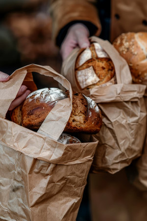 Hands grasp paper bags filled with warm, freshly baked bread in a natural setting, highlighting a delightful culinary experience.の素材