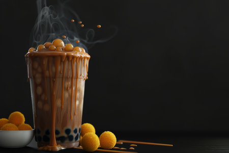 Boba tea features brown sugar and black tapioca pearls, with steam rising, creating a warm and inviting aesthetic perfect for dessert lovers.の素材