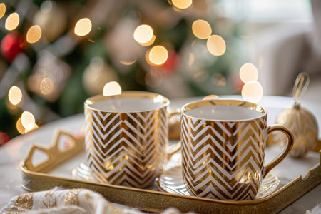 Beautiful gold chevron mugs with a white patterned design are placed on a tray, surrounded by warm festive lights during a holiday celebration.の素材