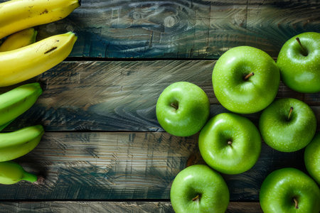 Green apples and ripe bananas are placed neatly on a wooden surface, creating an inviting display for a healthy eating lifestyle.の素材