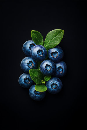 Clusters of fresh blueberries are arranged with green leaves on a dark background, highlighting their plumpness and rich color.の素材