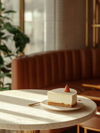 A classic cheesecake slice sits on a plate, adorned with a cherry, on a marble table in a stylish cafe filled with warm sunlight.の素材