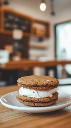 A classic ice cream cookie sandwich rests on a white plate, showing its delicious creamy filling within a welcoming cafe atmosphere.の素材