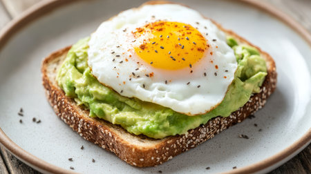Enjoy a delightful breakfast with fresh avocado spread on whole grain toast topped with a sunny-side-up egg sprinkled with seasoning.の素材