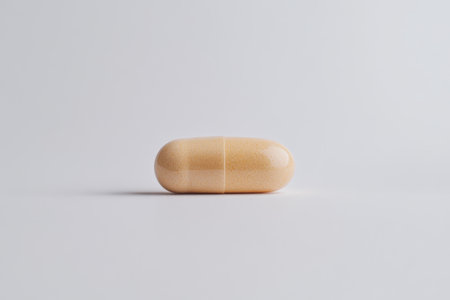 Orange capsule rests on a light surface, highlighting its smooth finish and distinct shape, ideal for health or medicinal focus.の素材