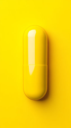 A large yellow pill is placed centrally against a matching bright yellow backdrop, highlighting its smooth, glossy surface.の素材