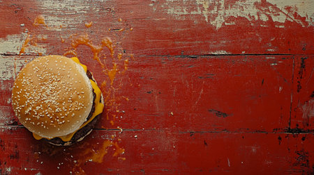 A juicy hamburger topped with melted cheese sits on a weathered wooden surface, showing splatters of sauce that enhances its appetizing look.の素材