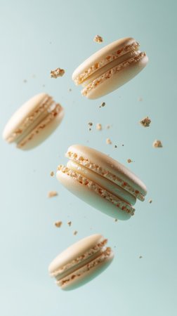 Macaroon cloves float in mid-air, surrounded by scattered crumbs, presenting a delightful dessert against a serene light blue background.の素材