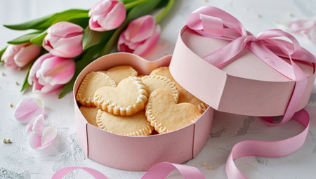 A pink heart-shaped box reveals a collection of heart-shaped cookies nestled inside, surrounded by fresh pink tulips and decorative ribbons.の素材