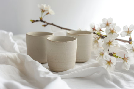 Three beautifully crafted ceramic cups in beige glaze are artfully arranged alongside a delicate cherry blossom branch, creating a serene display.の素材