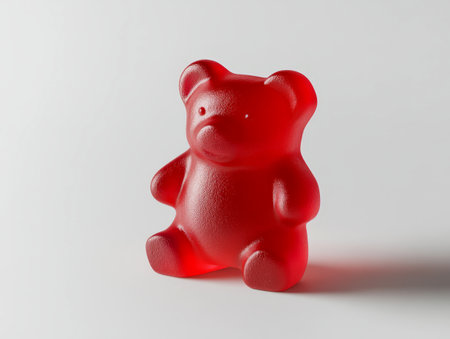 Bright red gummy bear candy placed on a smooth white background showing its unique shape and texture in crisp detailの素材