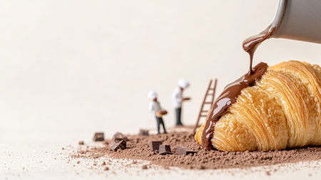 A group of tiny bakers adds chocolate and toppings to a freshly baked croissant, capturing the joy of baking in an imaginative kitchen.の素材