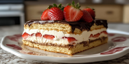 A tempting dessert layered with cream, chocolate, and fresh strawberries sits invitingly on a plate in a warm kitchen setting.の素材