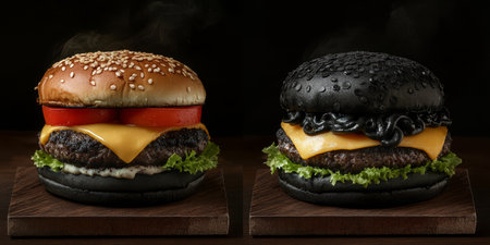Two unique burgers: one with a sesame bun and fresh toppings, the other with a bold black bun and rich ingredients.の素材